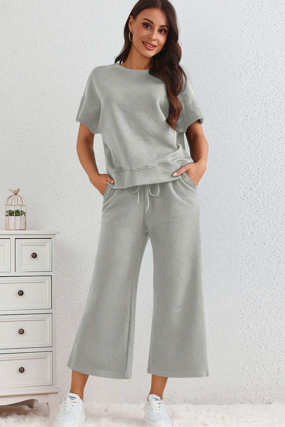 Textured Loose T Shirt and Drawstring Pants Set | Grey