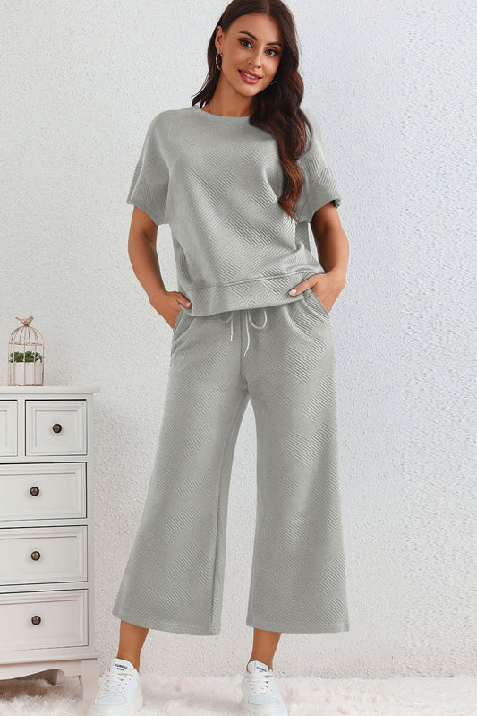 Textured Loose T Shirt and Drawstring Pants Set | Grey