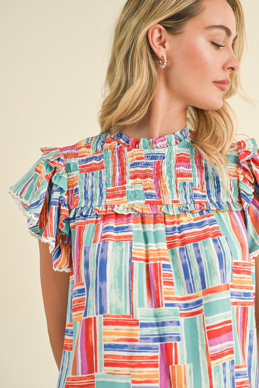 Smocked Ruffle Trim Top