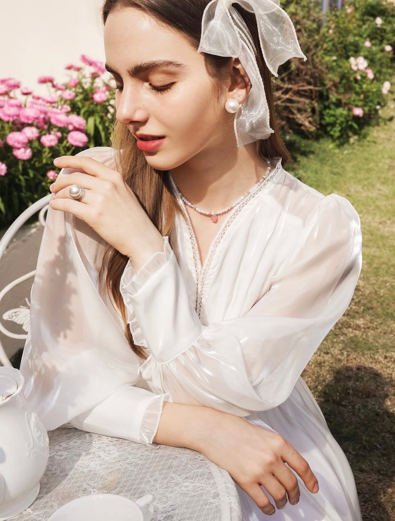 White Shimmer Sheer Long Sleeve Dress