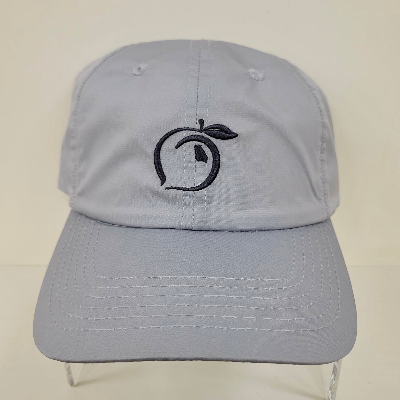 Gray cap with a black logo on a white background